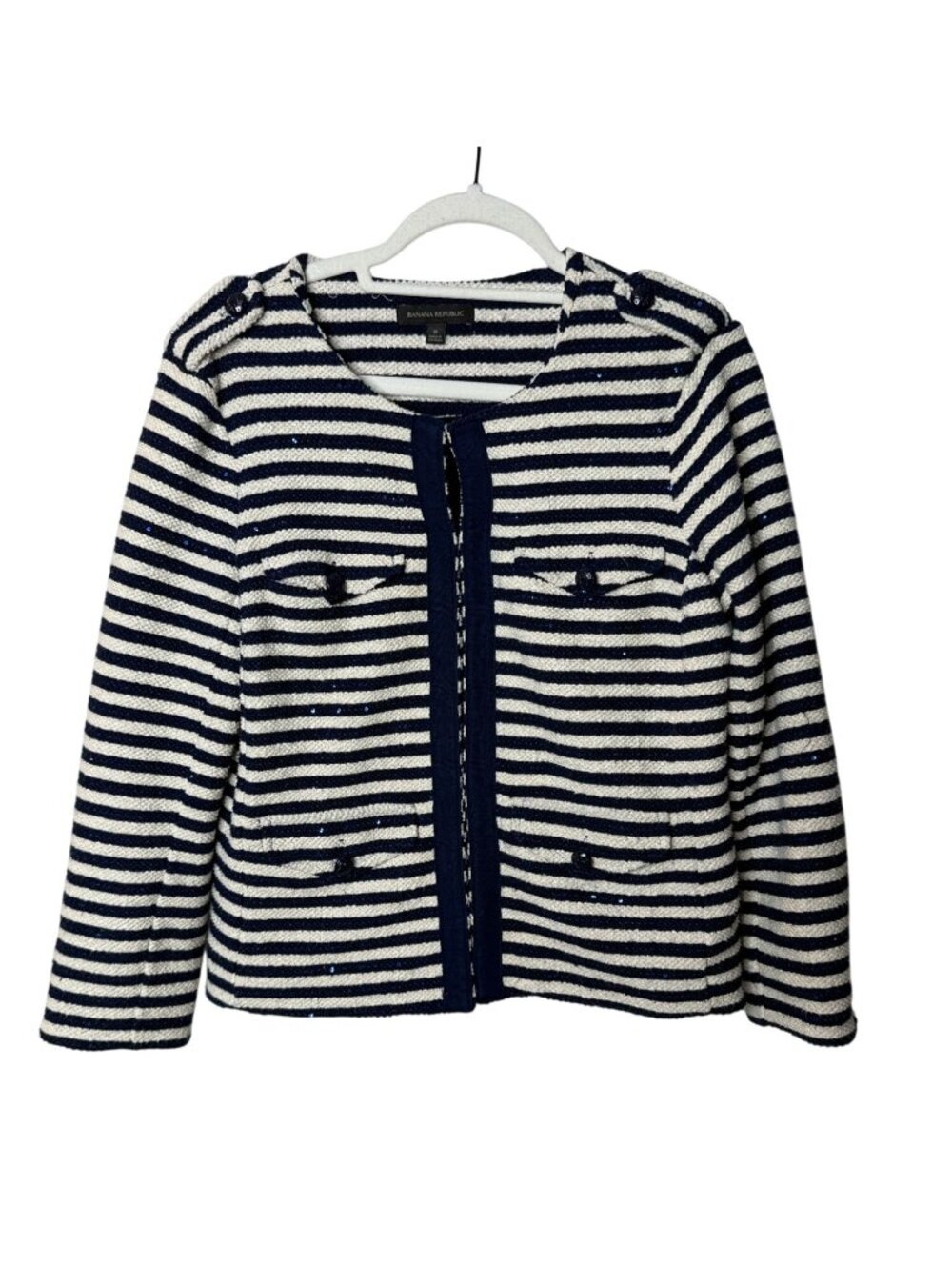 Banana Republic Navy Ivory Striped Bouclé Sequin Jacket Size 6